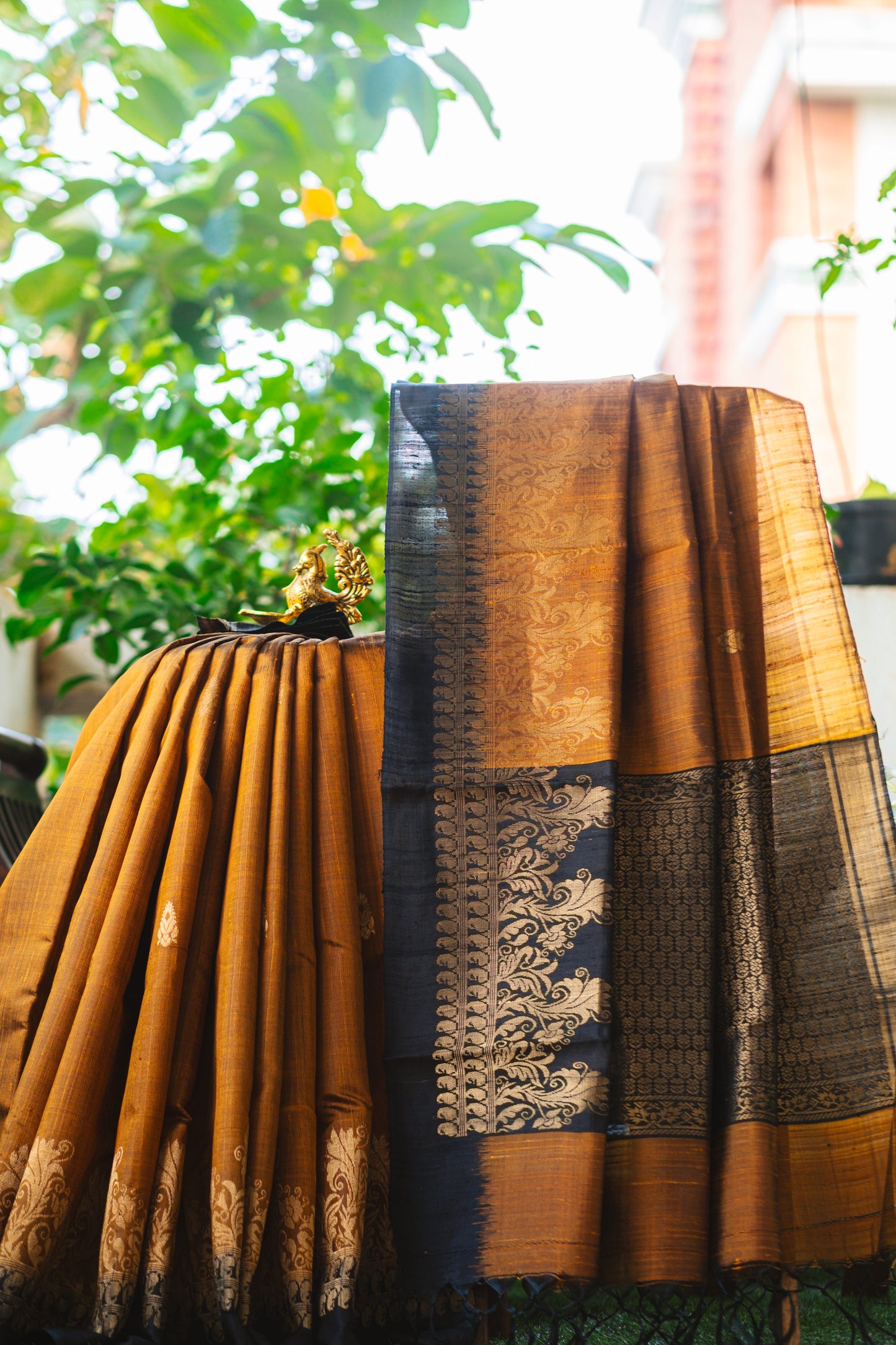 Classic Dark Yellow and Black Raw Silk Saree with Lustrous Finish