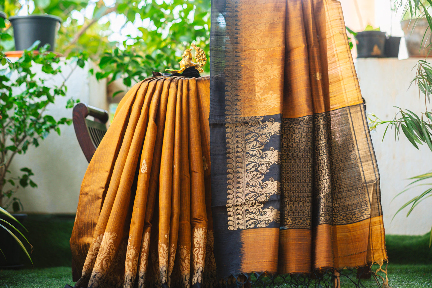 Classic Dark Yellow and Black Raw Silk Saree with Lustrous Finish