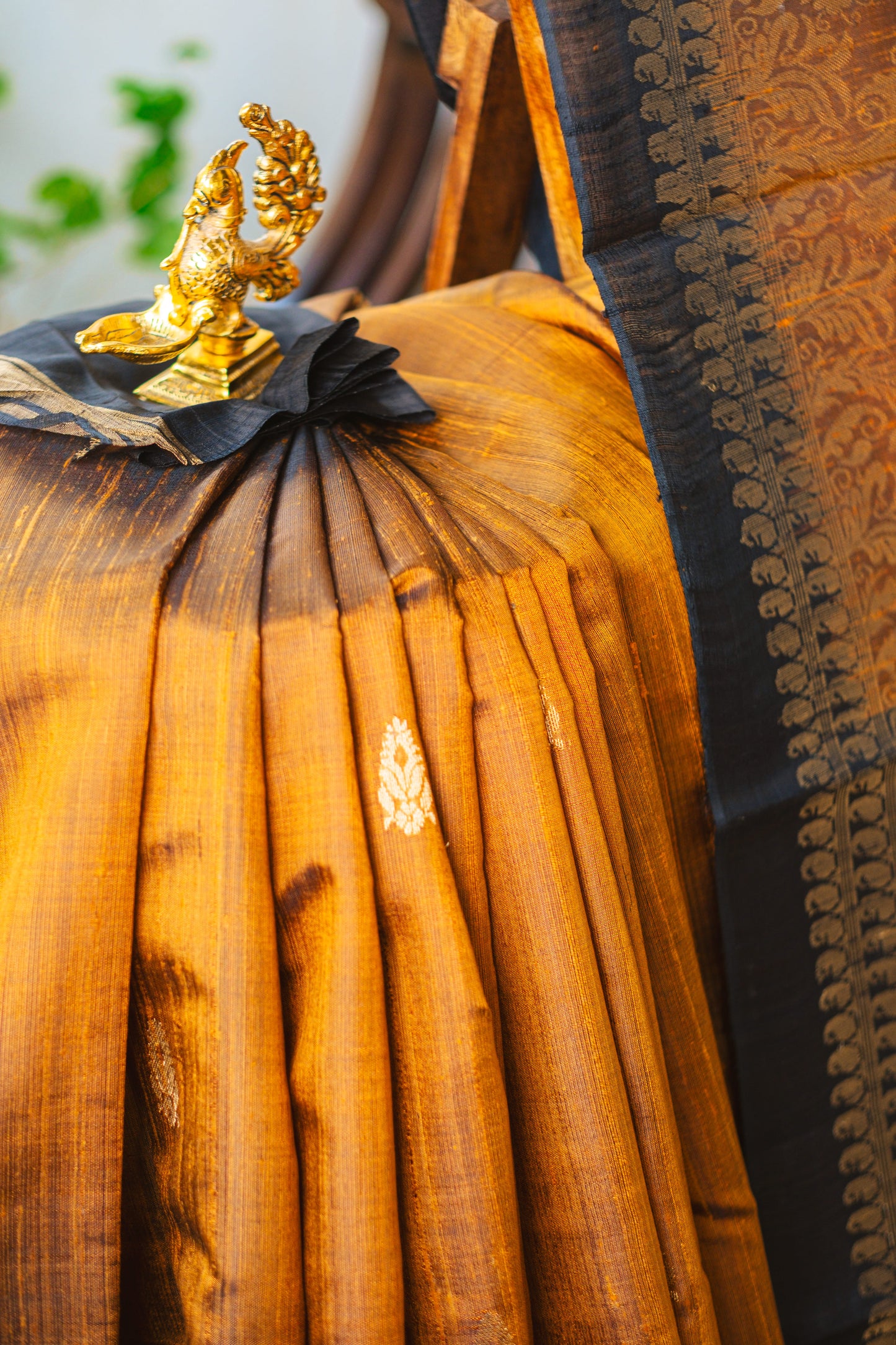 Classic Dark Yellow and Black Raw Silk Saree with Lustrous Finish