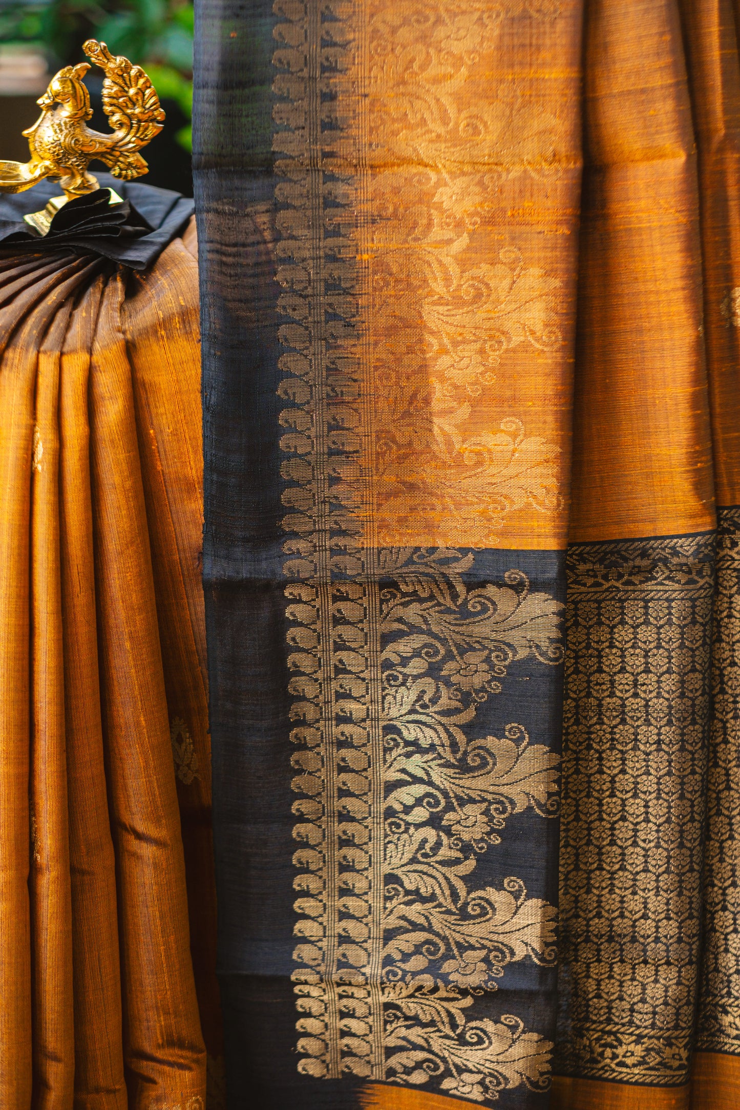 Classic Dark Yellow and Black Raw Silk Saree with Lustrous Finish