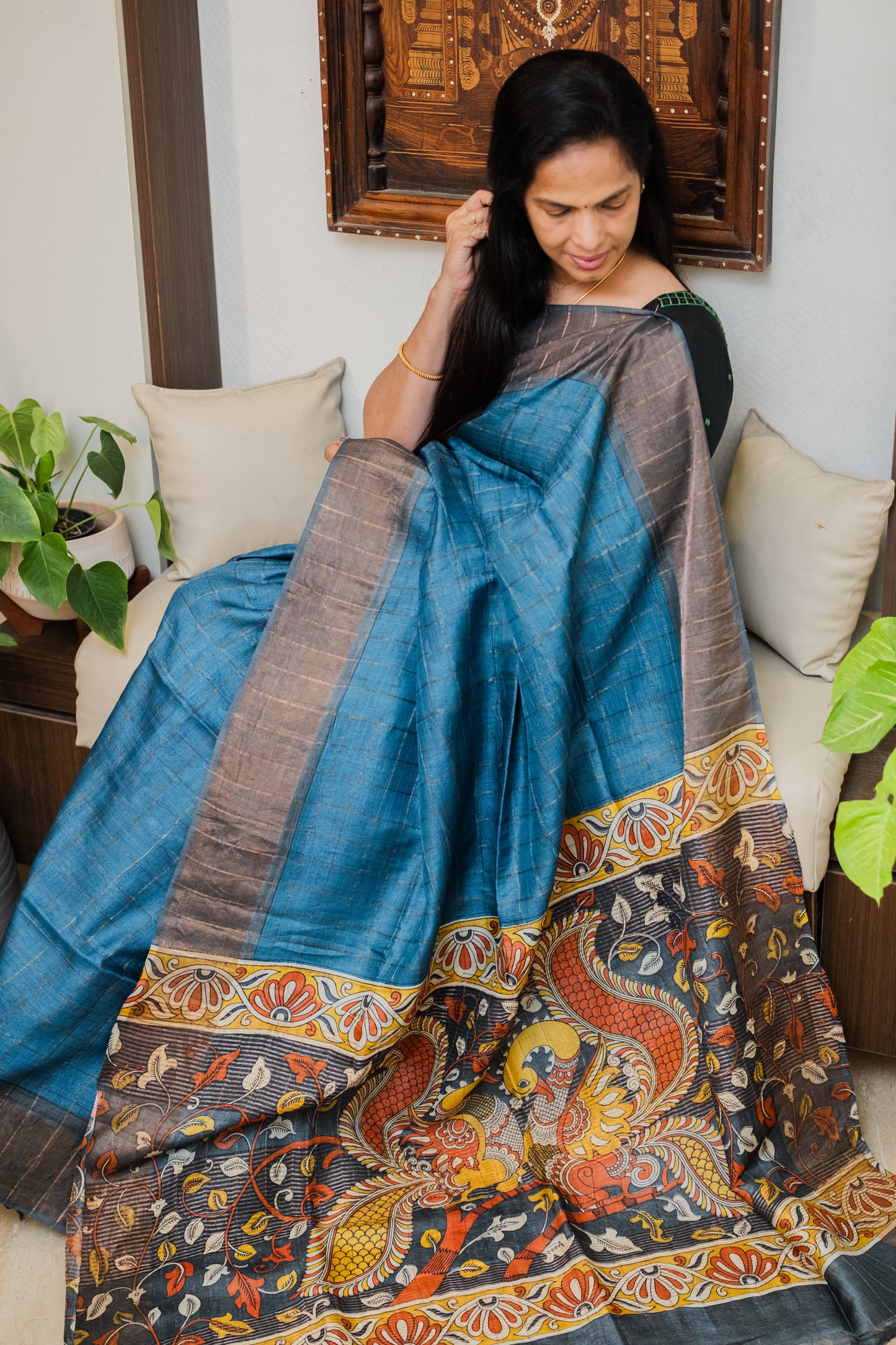 Blue Tussar Silk Saree