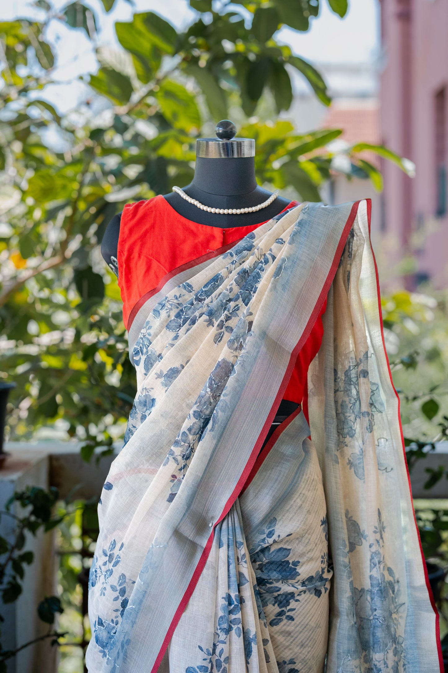 White Floral Linen Saree