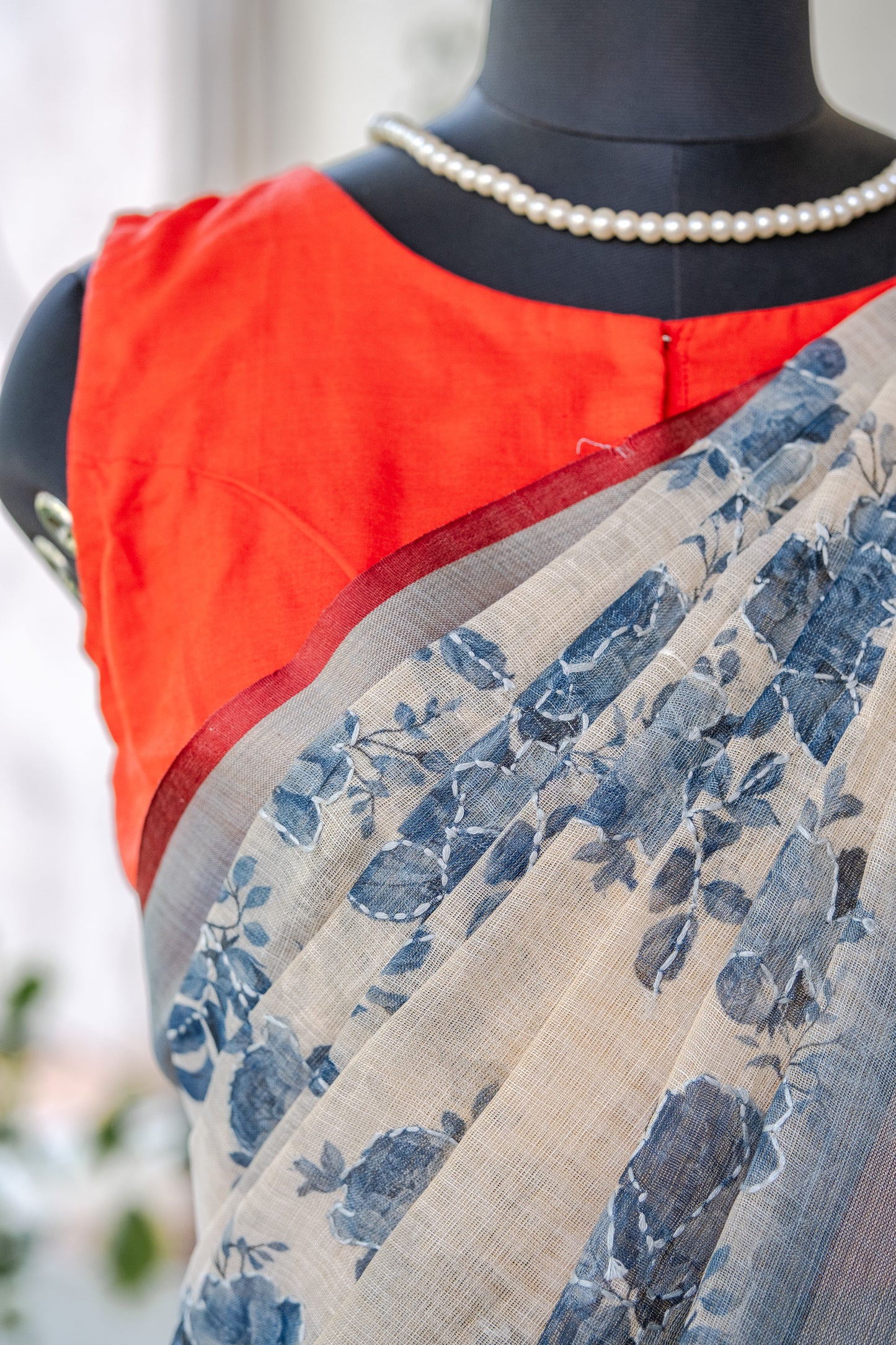 White Floral Linen Saree