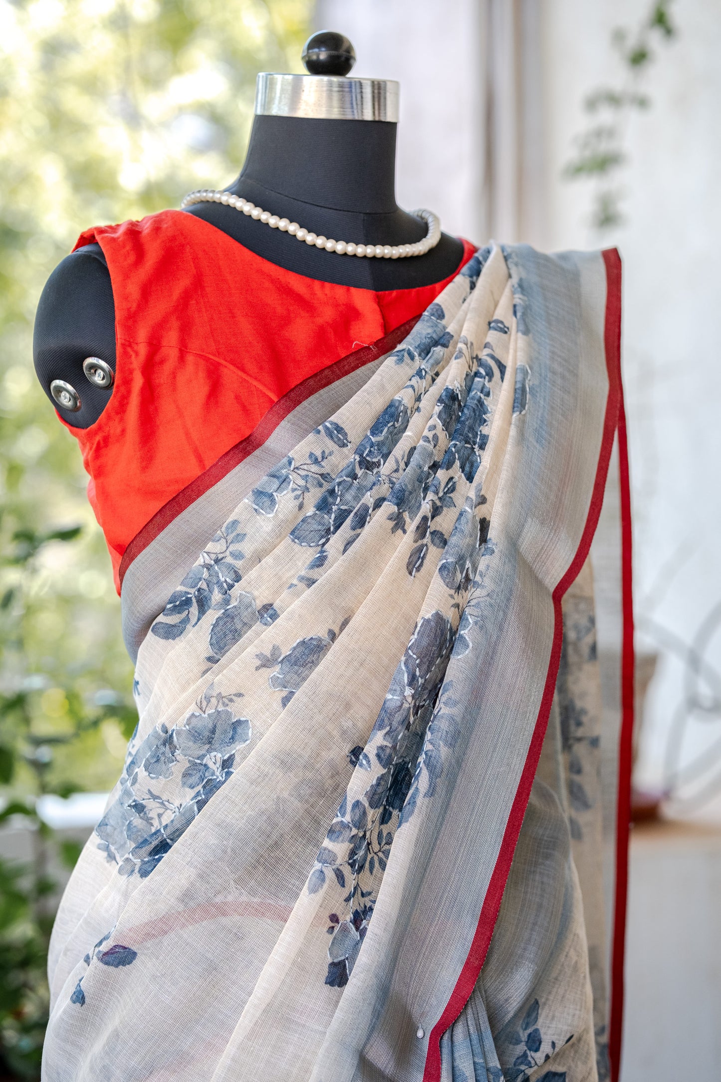 White Floral Linen Saree