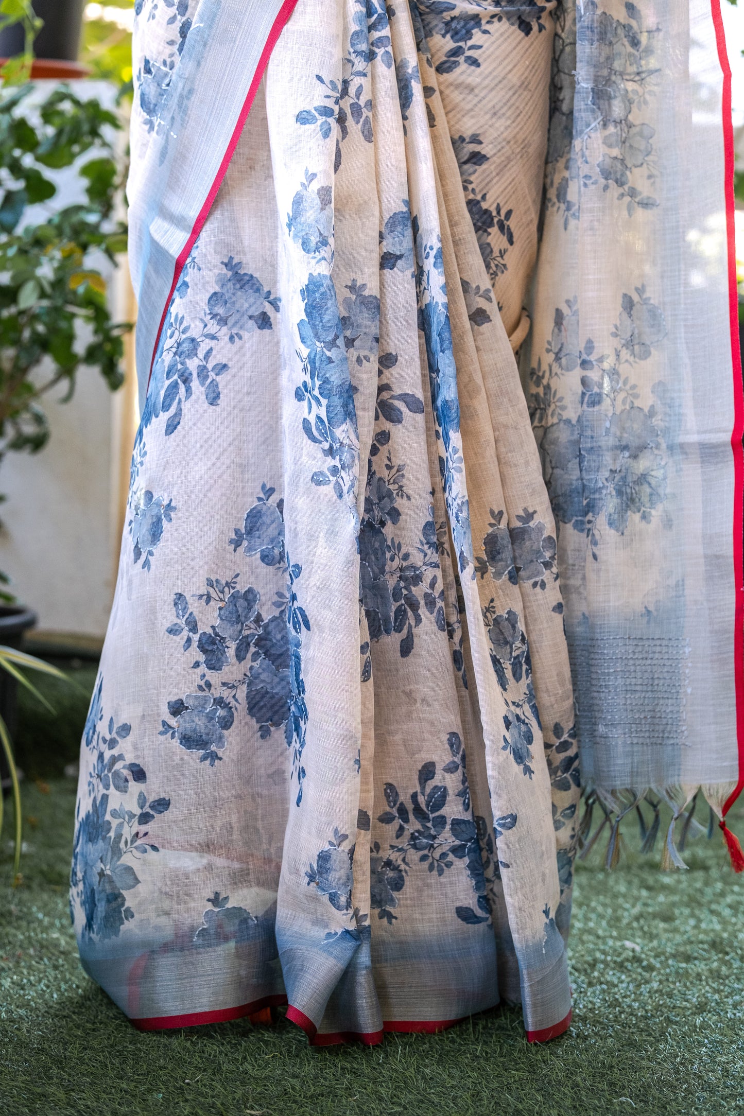 White Floral Linen Saree