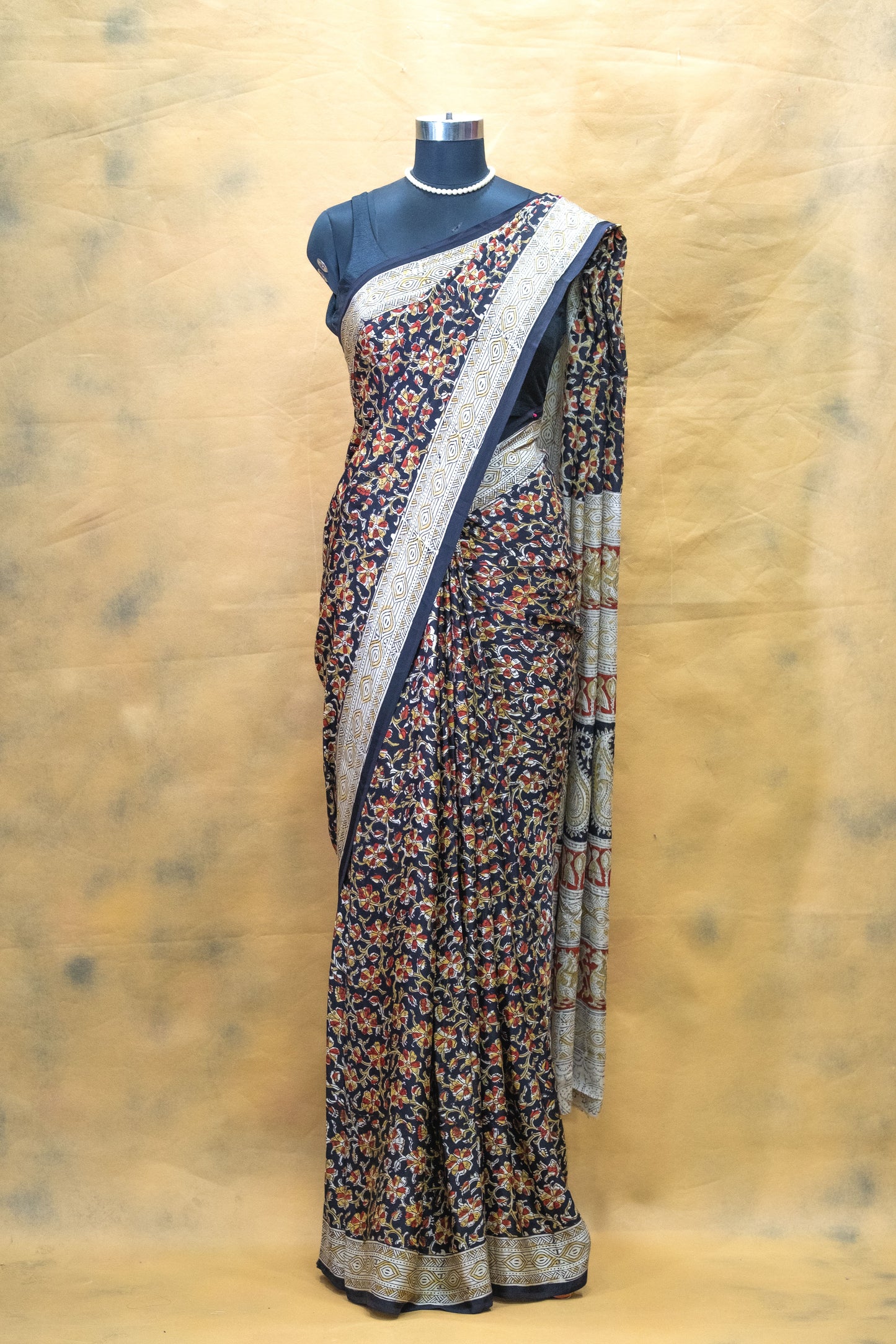 Chic Navy Blue Floral Modal Silk Saree – Soft Luxury with a Blooming Twist