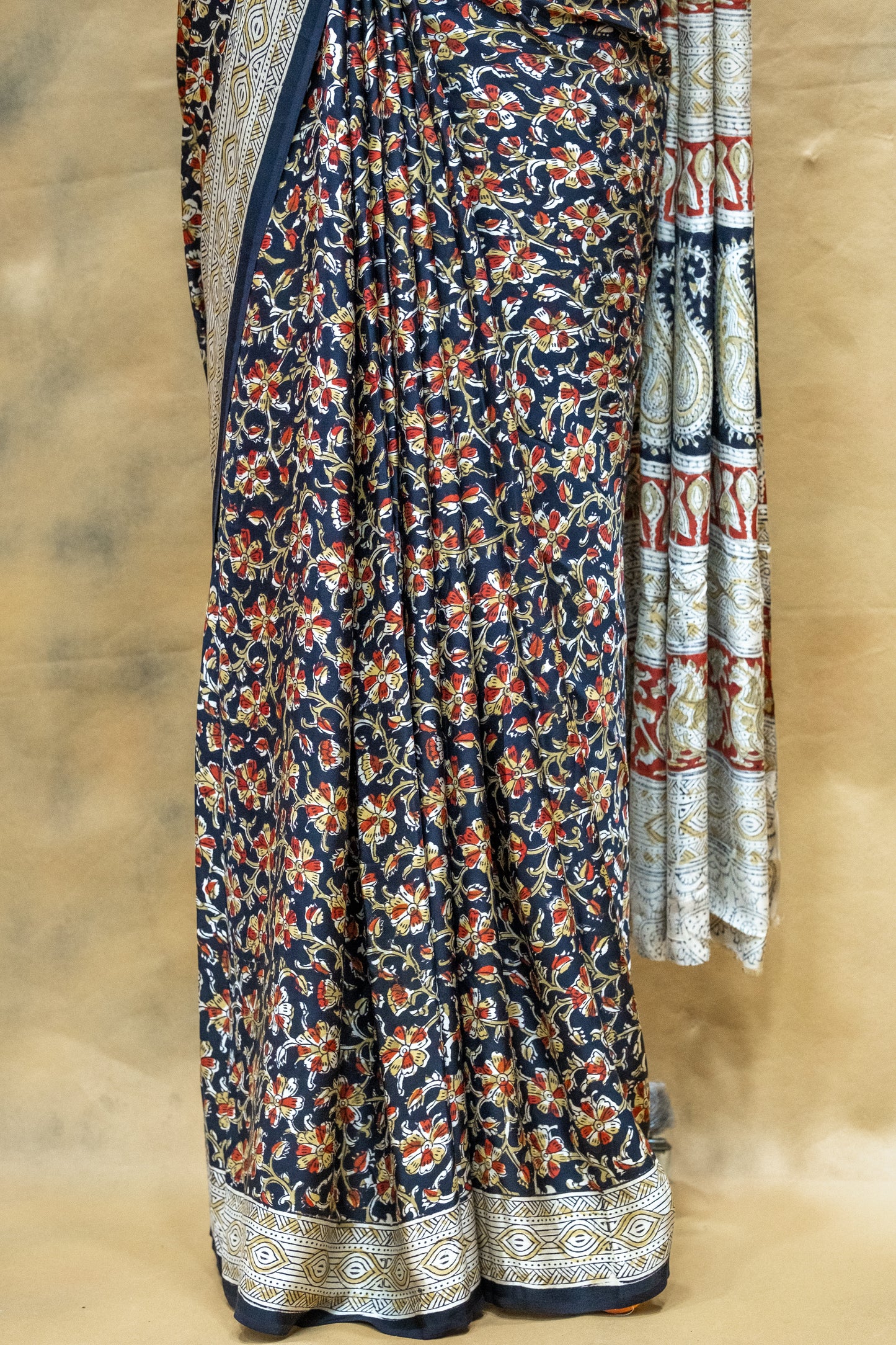 Chic Navy Blue Floral Modal Silk Saree – Soft Luxury with a Blooming Twist