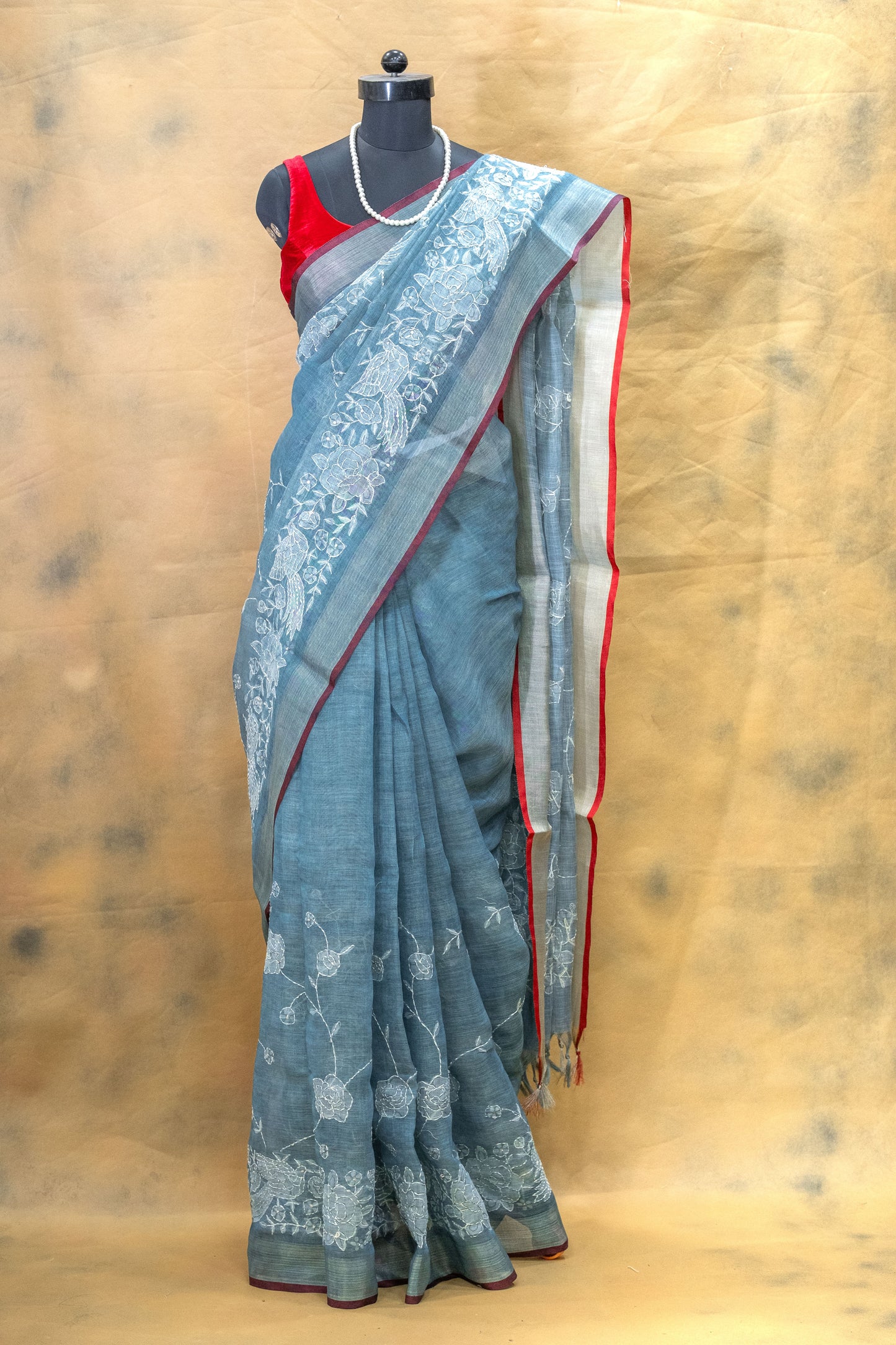 Blue Floral Linen Saree