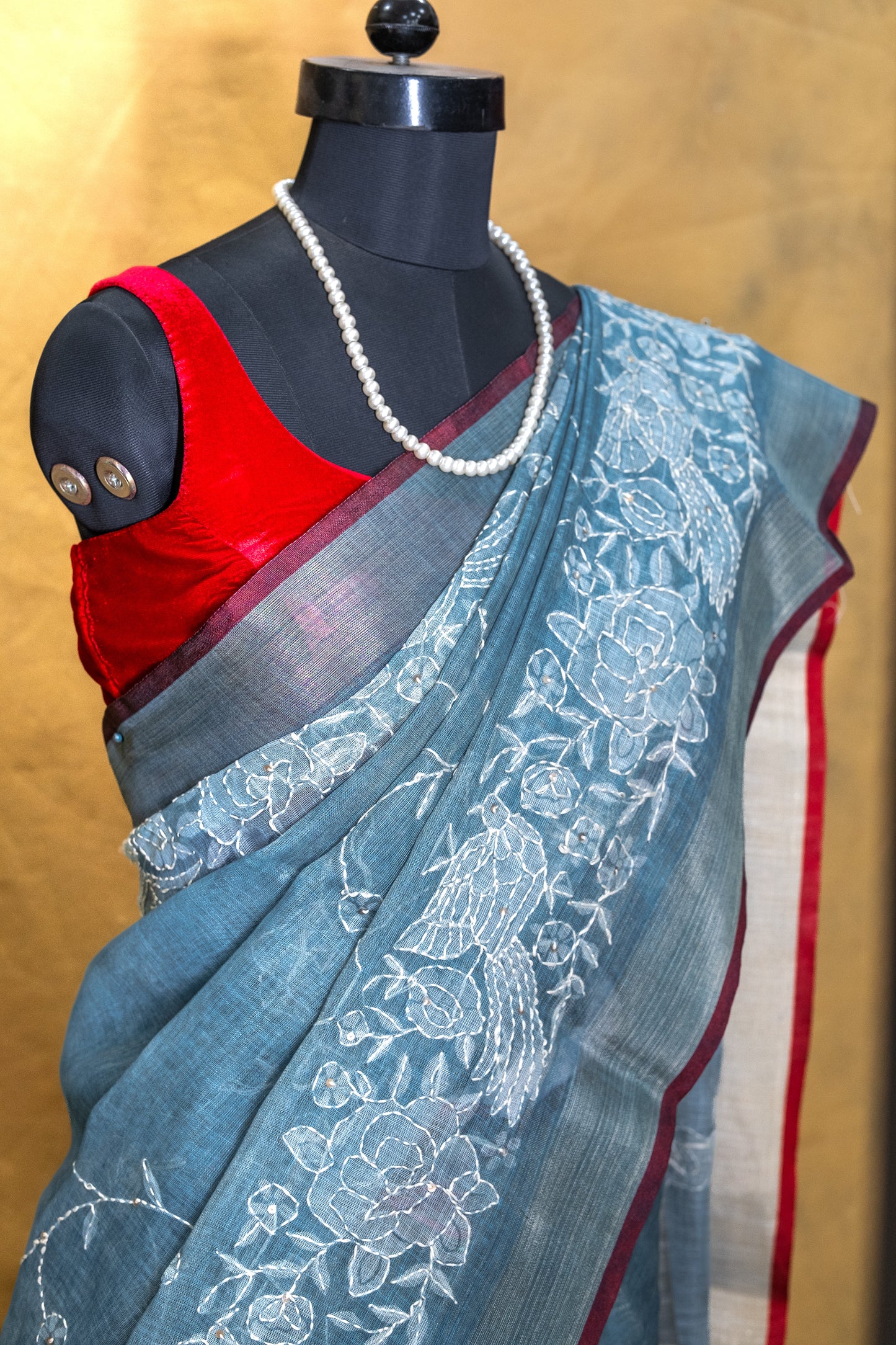 Blue Floral Linen Saree