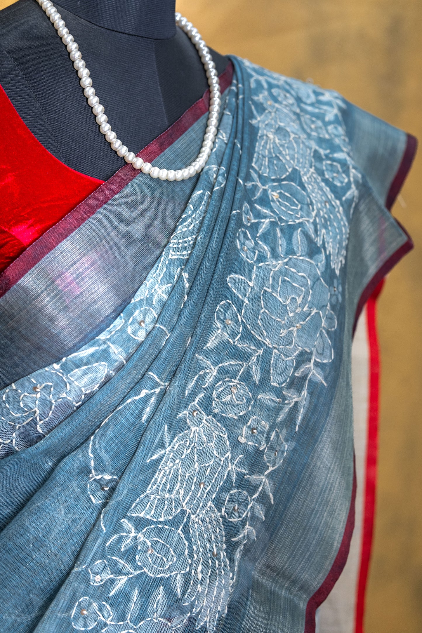 Blue Floral Linen Saree