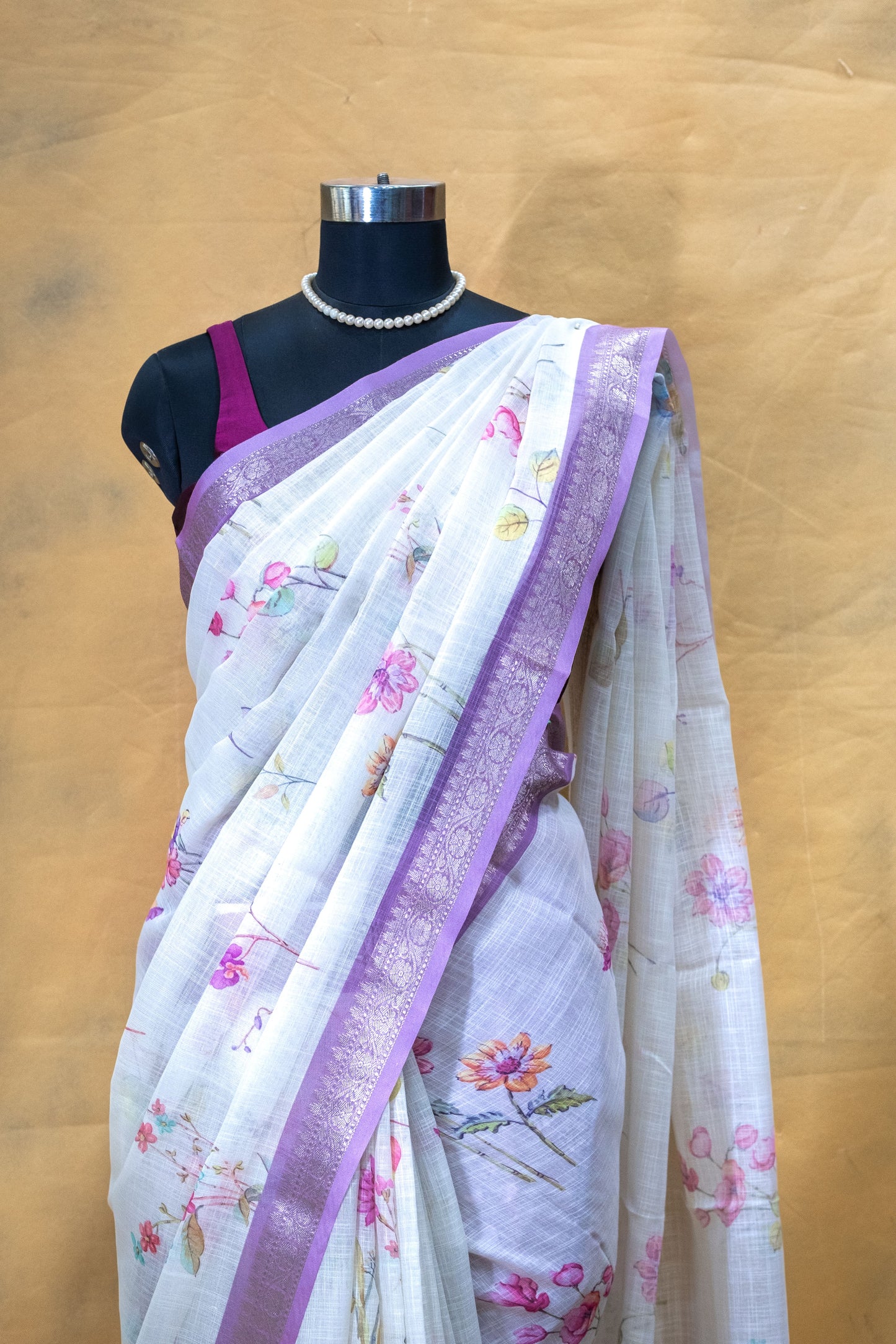 White Floral Linen Saree – Light, Airy & Elegantly Fresh