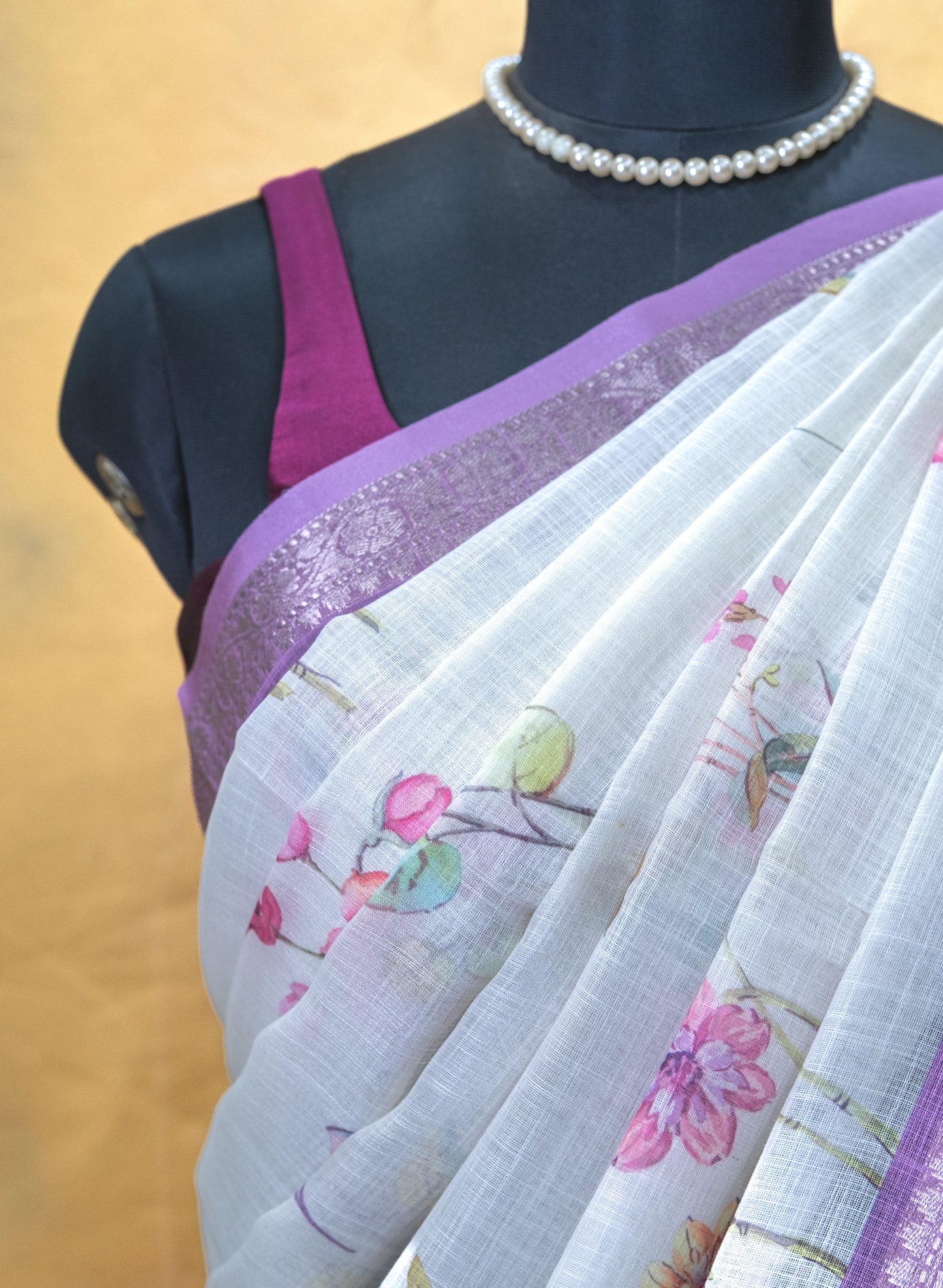 White Floral Linen Saree – Light, Airy & Elegantly Fresh