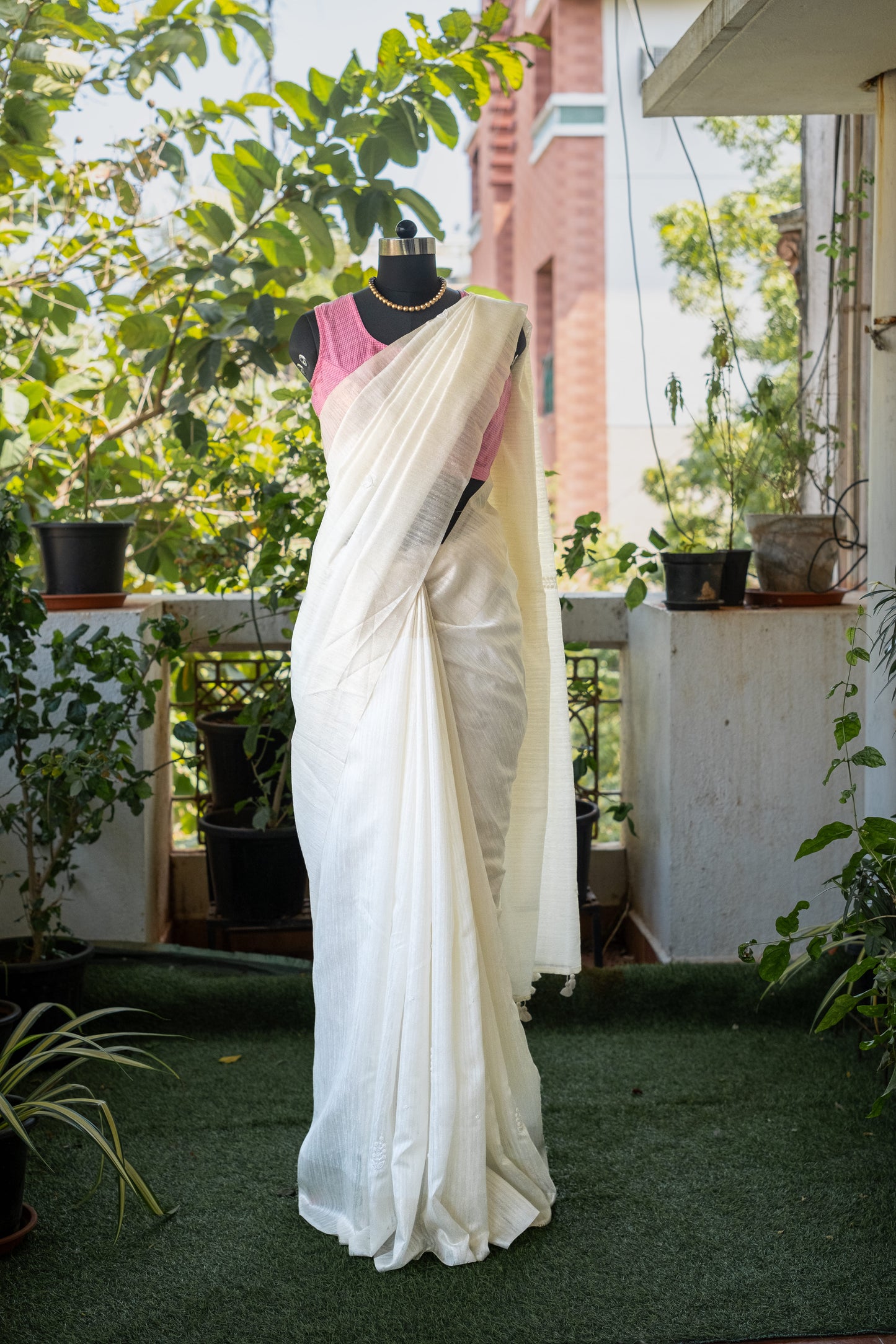 White Jute Linen Saree With Pearl Embroidery