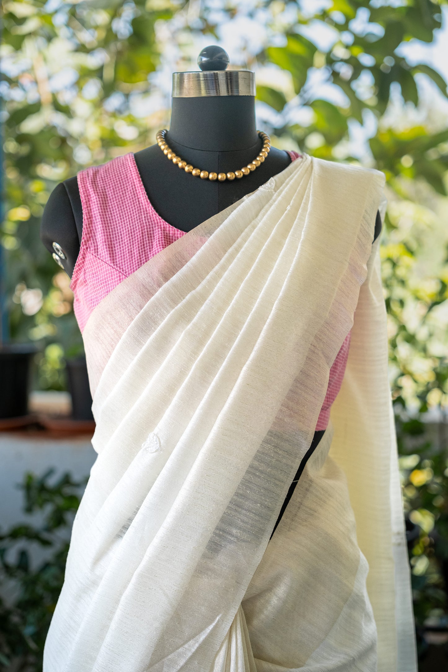 White Jute Linen Saree With Pearl Embroidery
