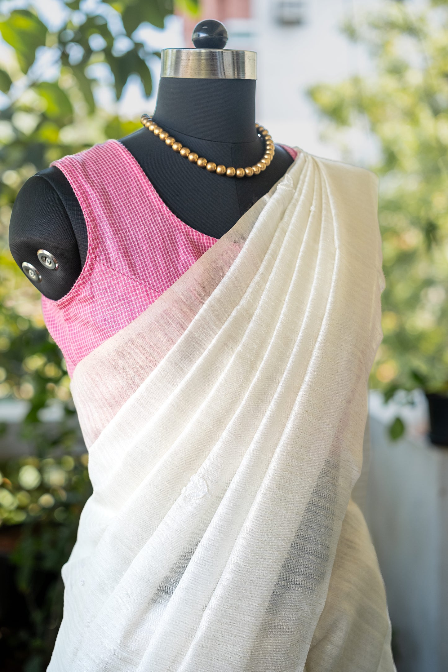 White Jute Linen Saree With Pearl Embroidery