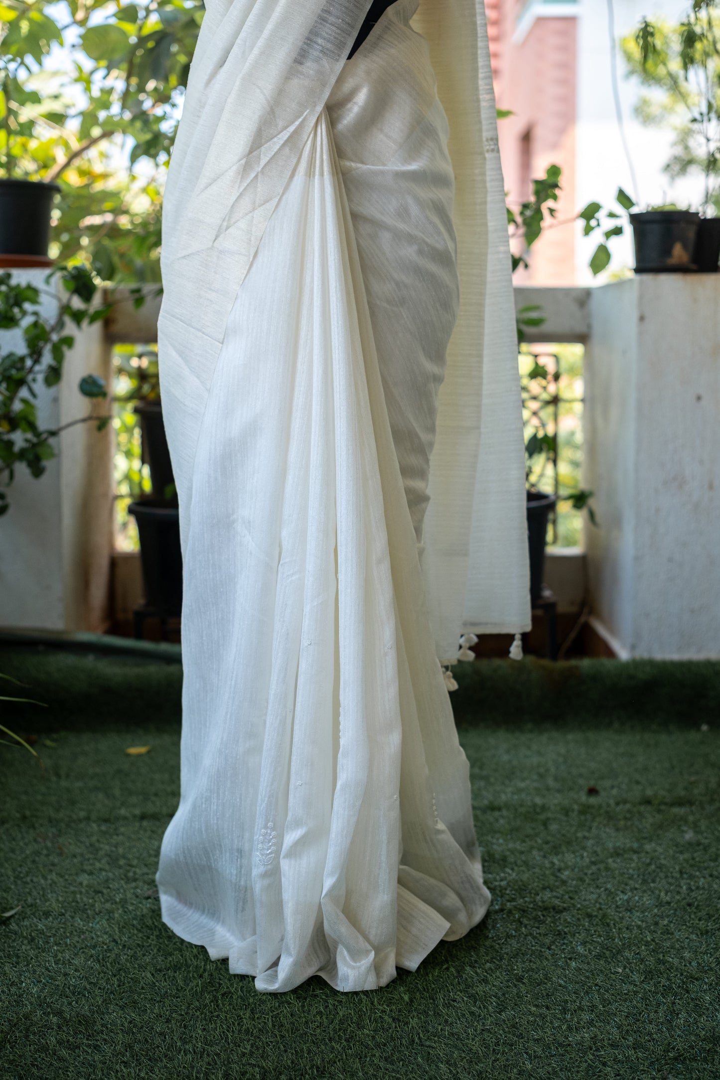 White Jute Linen Saree With Pearl Embroidery