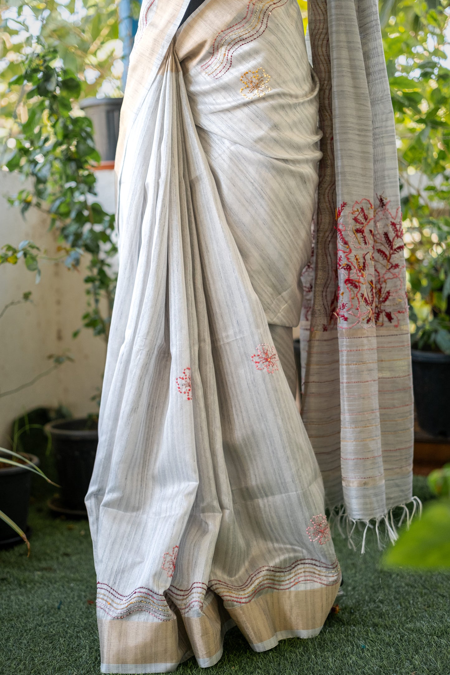 Grey Semi Tussar Silk Saree