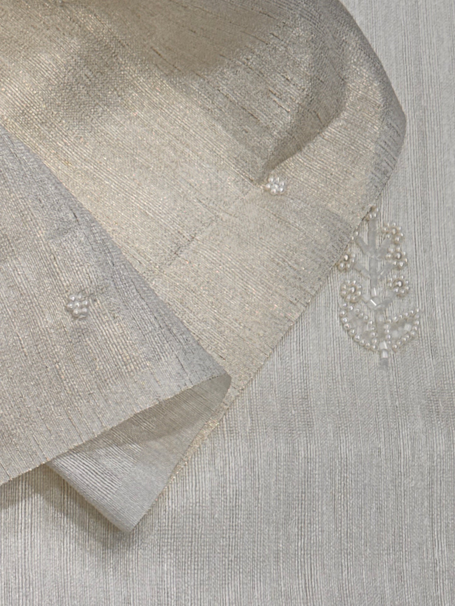 White Jute Linen Saree With Pearl Embroidery