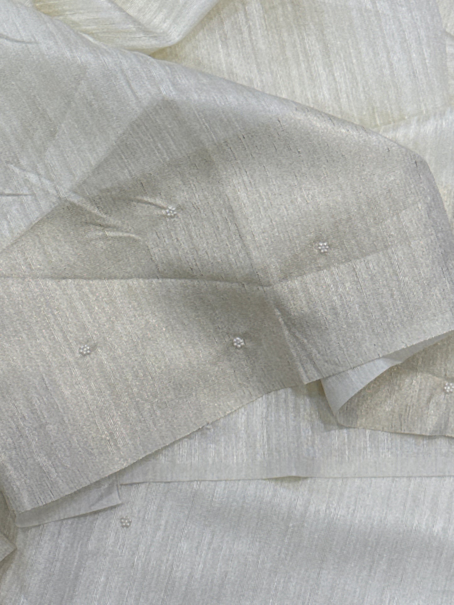 White Jute Linen Saree With Pearl Embroidery