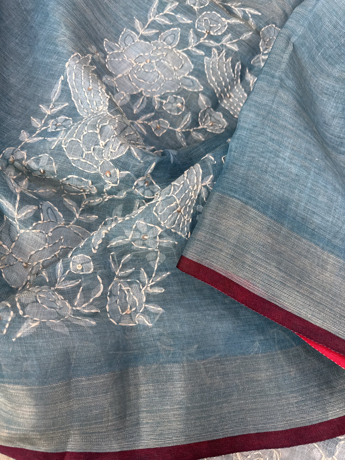 Blue Floral Linen Saree