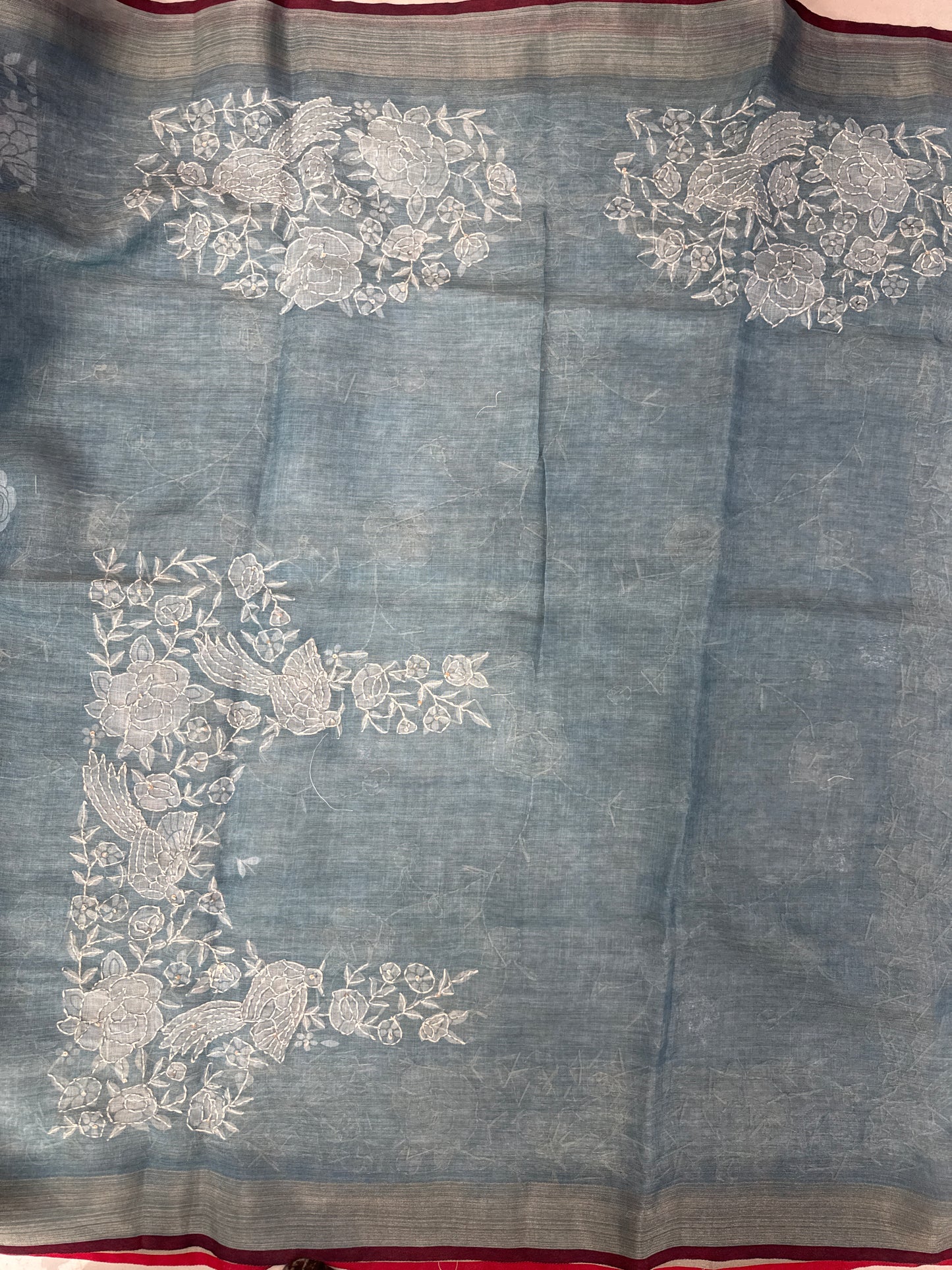 Blue Floral Linen Saree