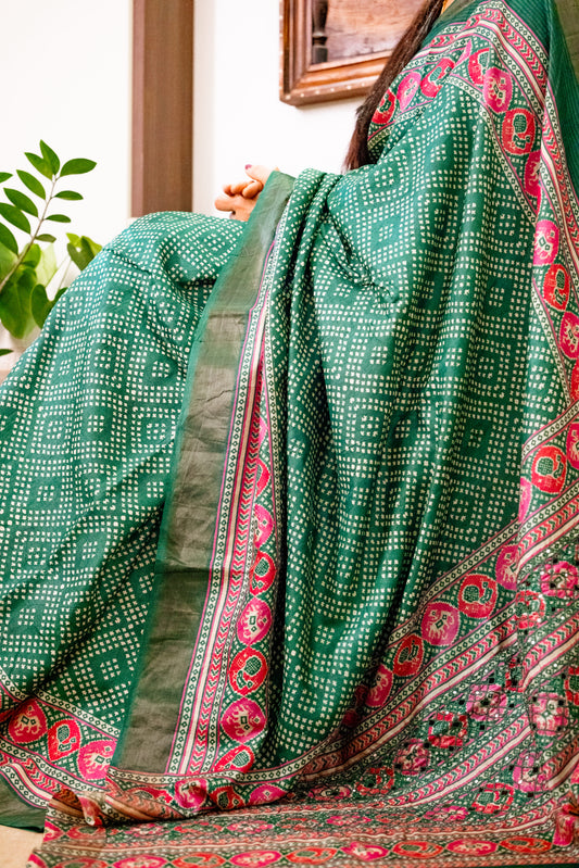 Green  Tussar Silk Saree With Cutwork