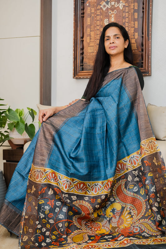 Blue Tussar Silk Saree