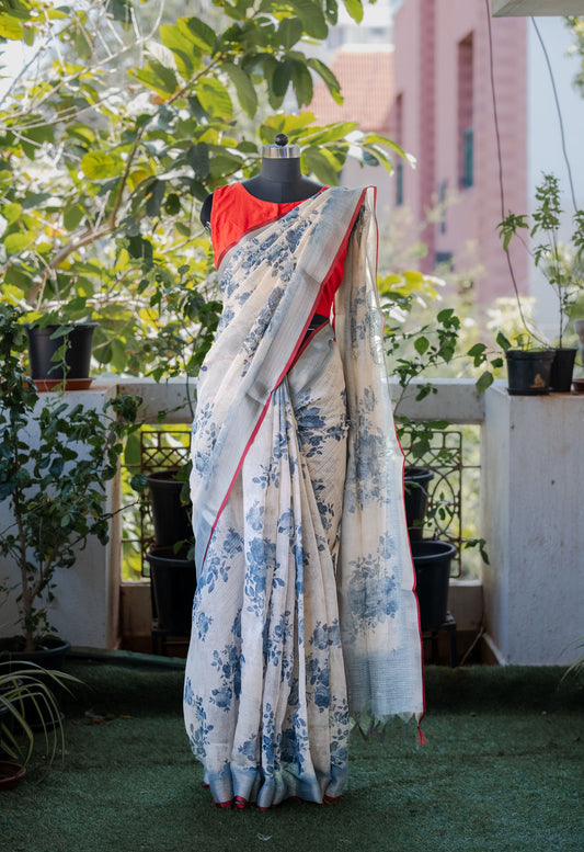 White Floral Linen Saree – Breezy Elegance with a Touch of Nature