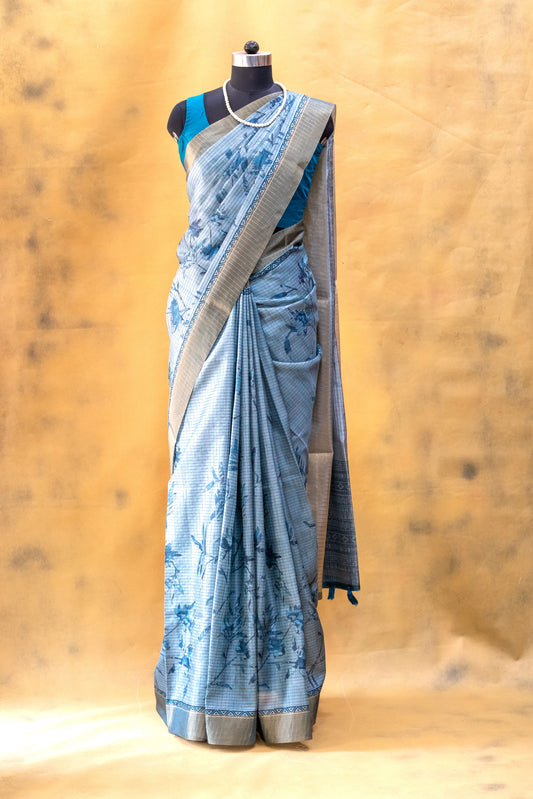 Blue Semi Tussar Silk Saree