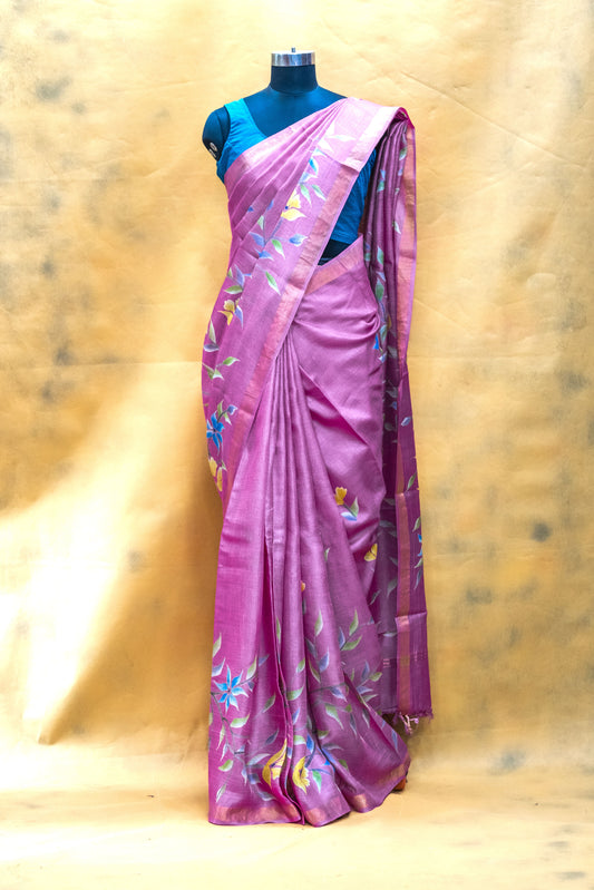 Pink Tussar Silk Saree