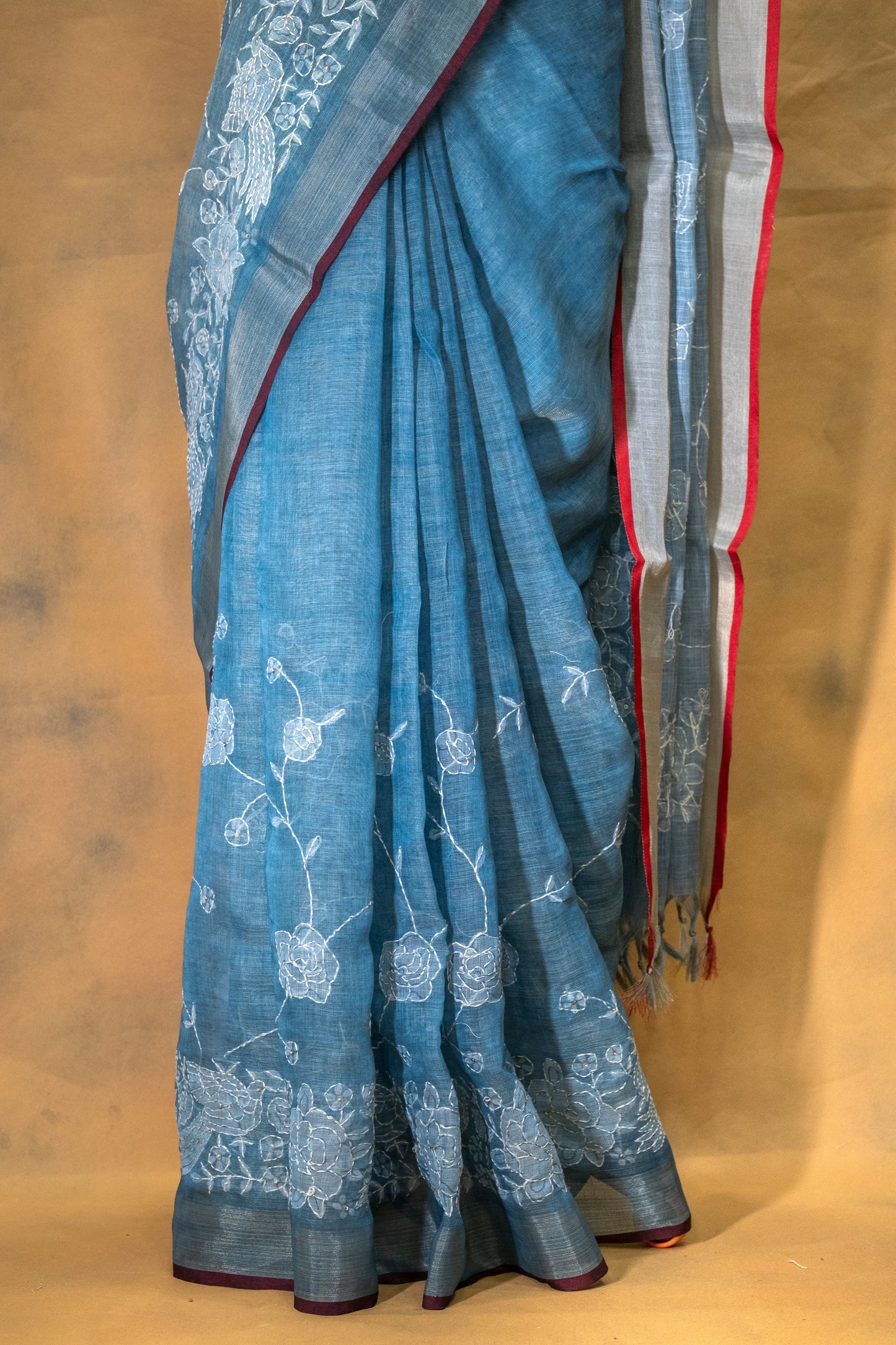 Blue  Floral Linen Saree