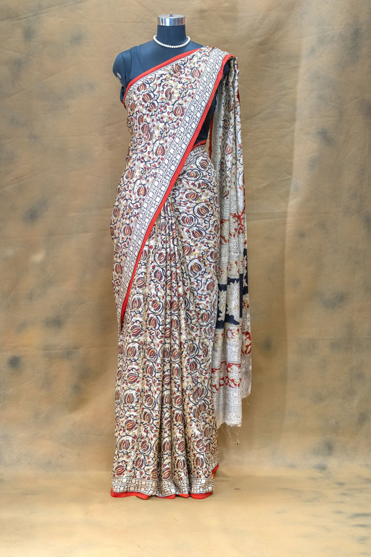 Graceful White Floral Modal Silk Saree – Soft, Flowing & Contemporary Charm
