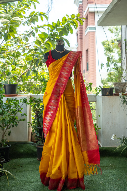 Vibrant Yellow and Red Raw Silk Saree – Radiant Tradition with Regal Contrast