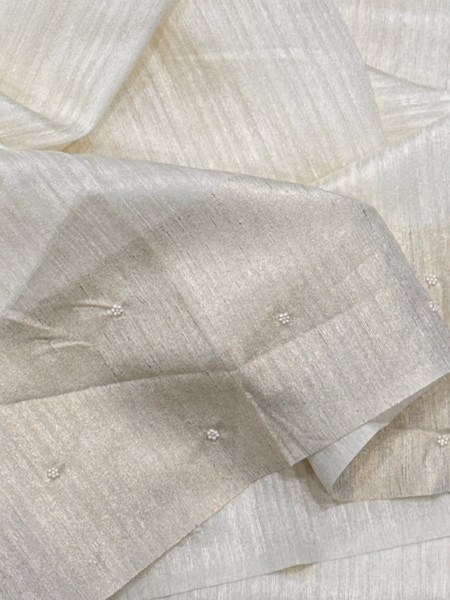 White  Jute Linen Saree With Pearl Embroidery